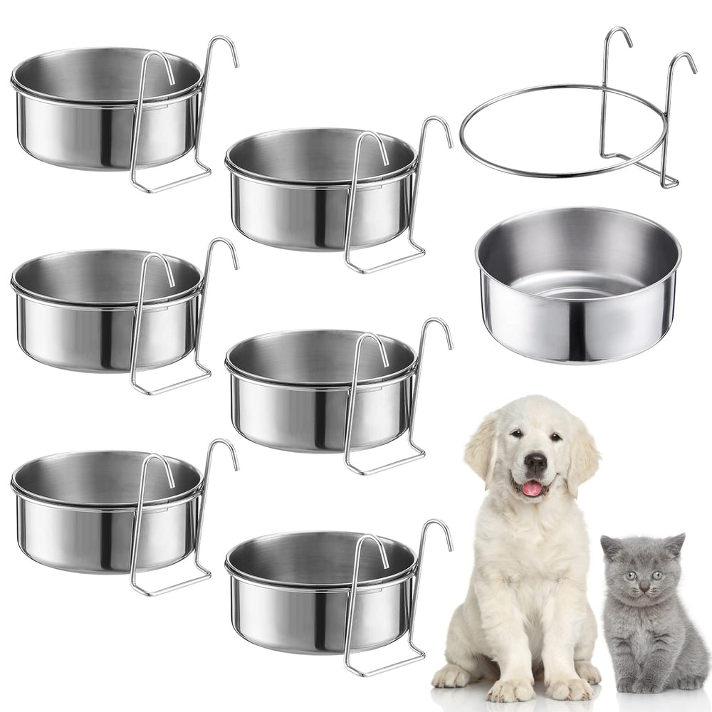 Mumufy 6-piece stainless steel hanging bowls mounted on a crate for mess-free feeding.