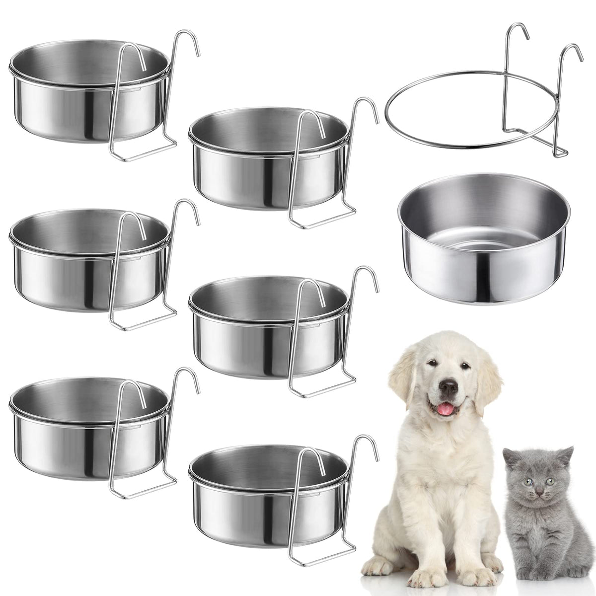 Mumufy 6-piece stainless steel hanging bowls mounted on a crate for mess-free feeding.