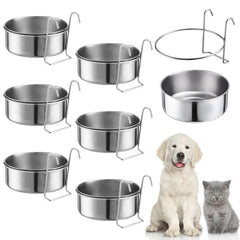 Mumufy 6-piece stainless steel hanging bowls mounted on a crate for mess-free feeding.
