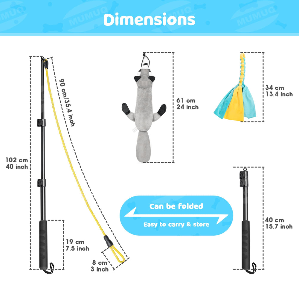 MUMUQ Dog Flirt Pole yellow-blue-flannel attachments spark visual interest in dogs.