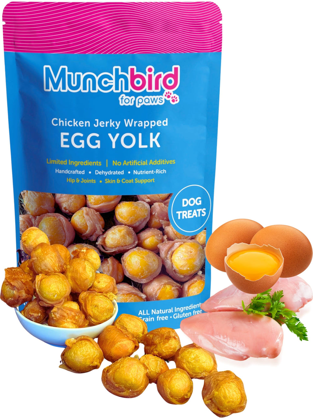 Munchbird dehydrated chicken jerky wrapped egg yolk treats front view for tasty daily nutrition