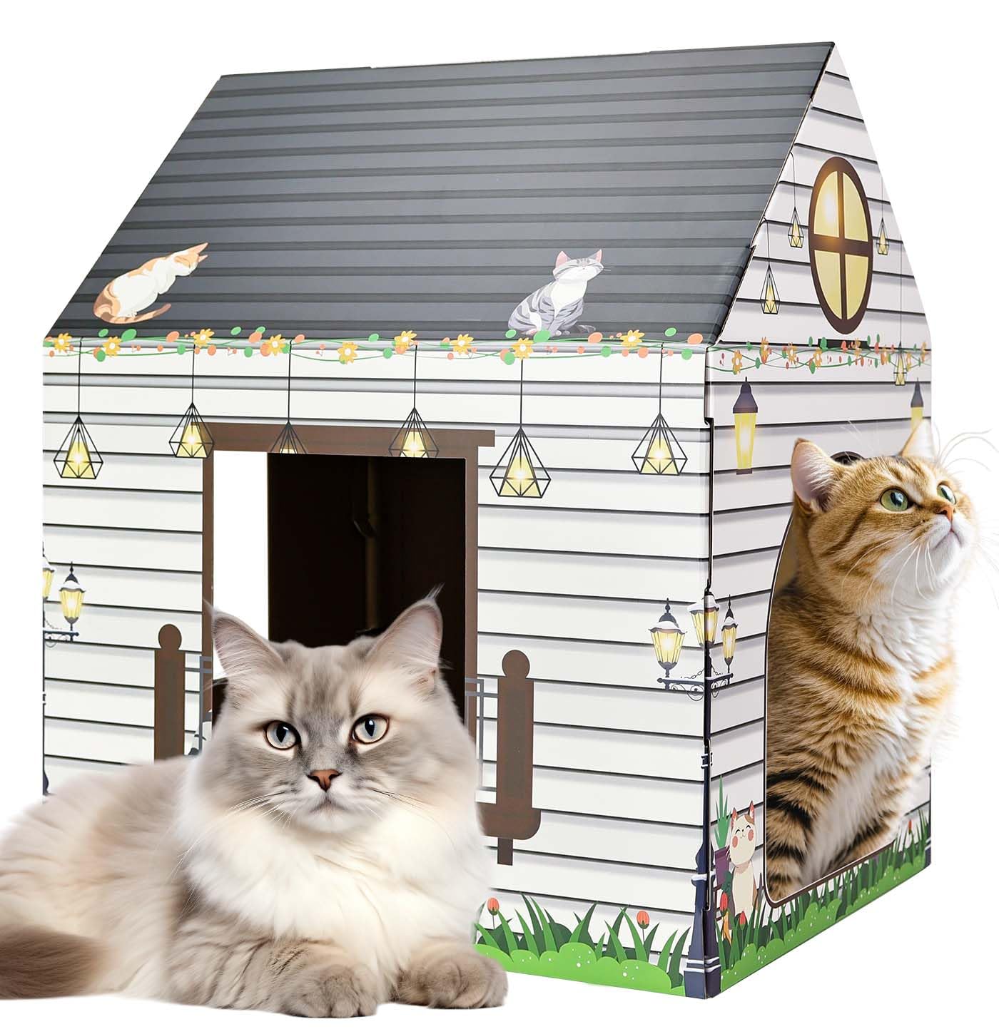 MUNILAIL cardboard cat house with scratcher assembled in living room for cozy play sessions.