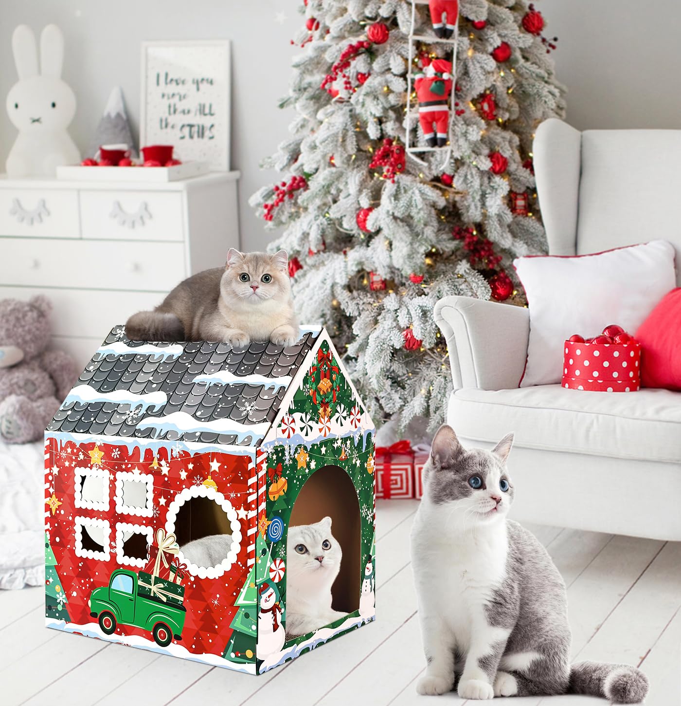 MUNILAIL Christmas Cat House assembly is quick with a snap-on design.