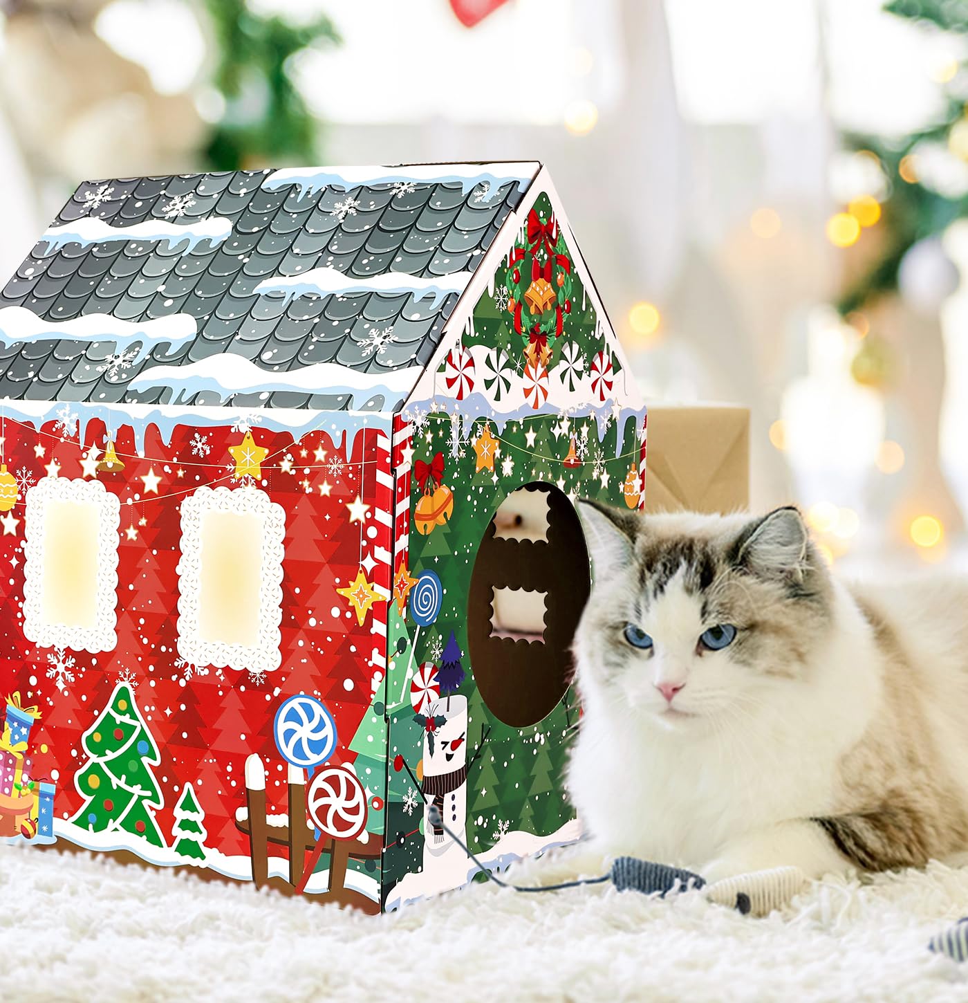 MUNILAIL Christmas Cat House dimensions show ample space at 16.5 x 13 x 19 inches.