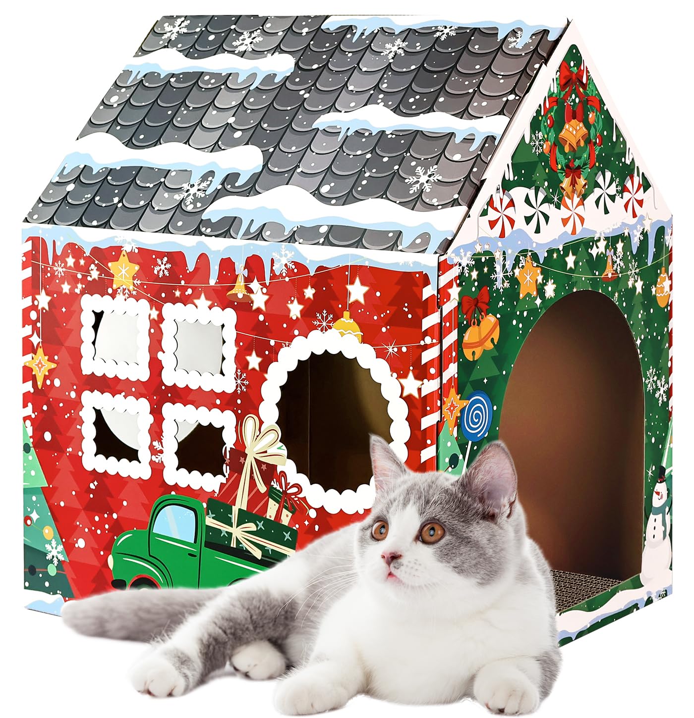 MUNILAIL Christmas Cat House exterior in festive red for cozy indoor play.