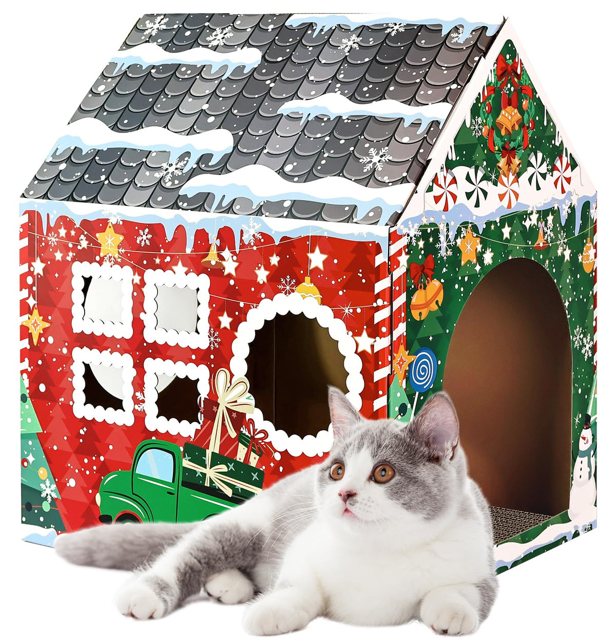 MUNILAIL Christmas Cat House exterior in festive red for cozy indoor play.