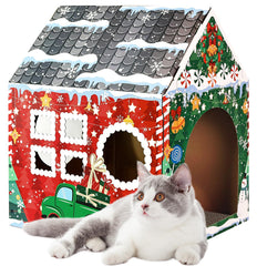 MUNILAIL Christmas Cat House exterior in festive red for cozy indoor play.