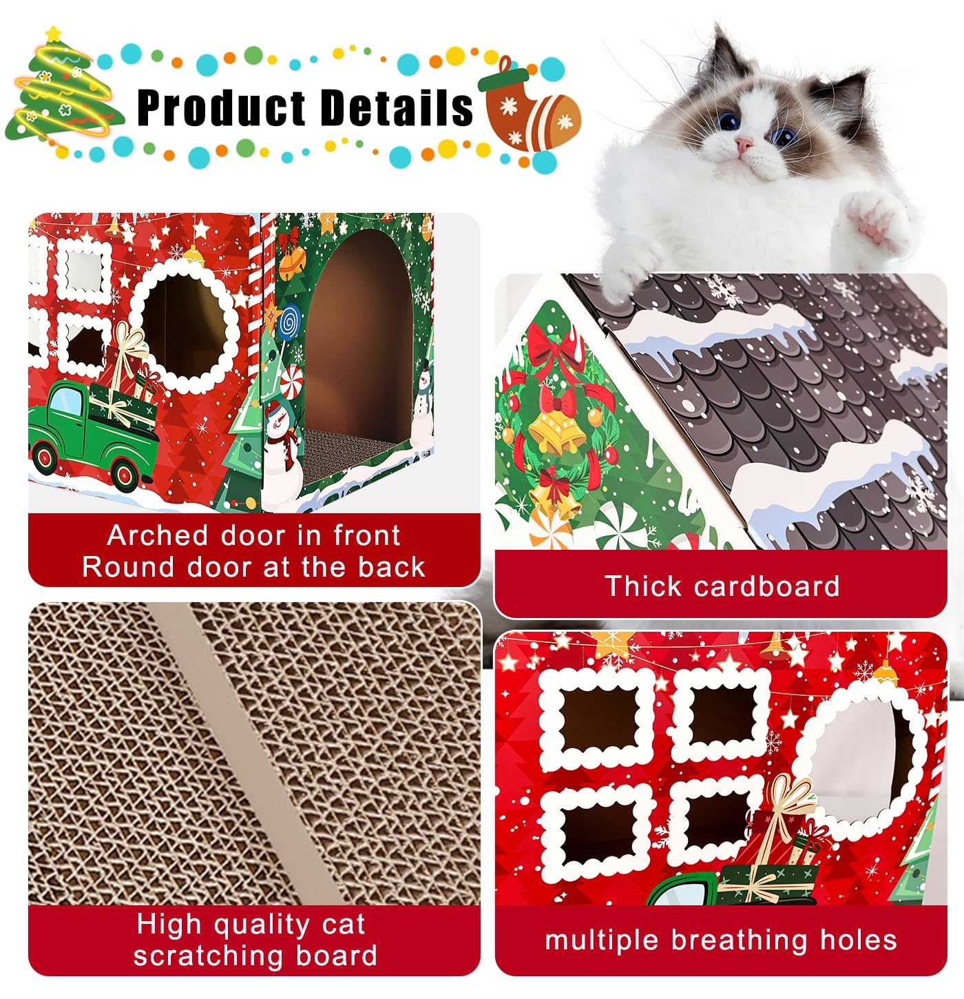 MUNILAIL Christmas Cat House scratching pad allows cats to stretch and scratch.
