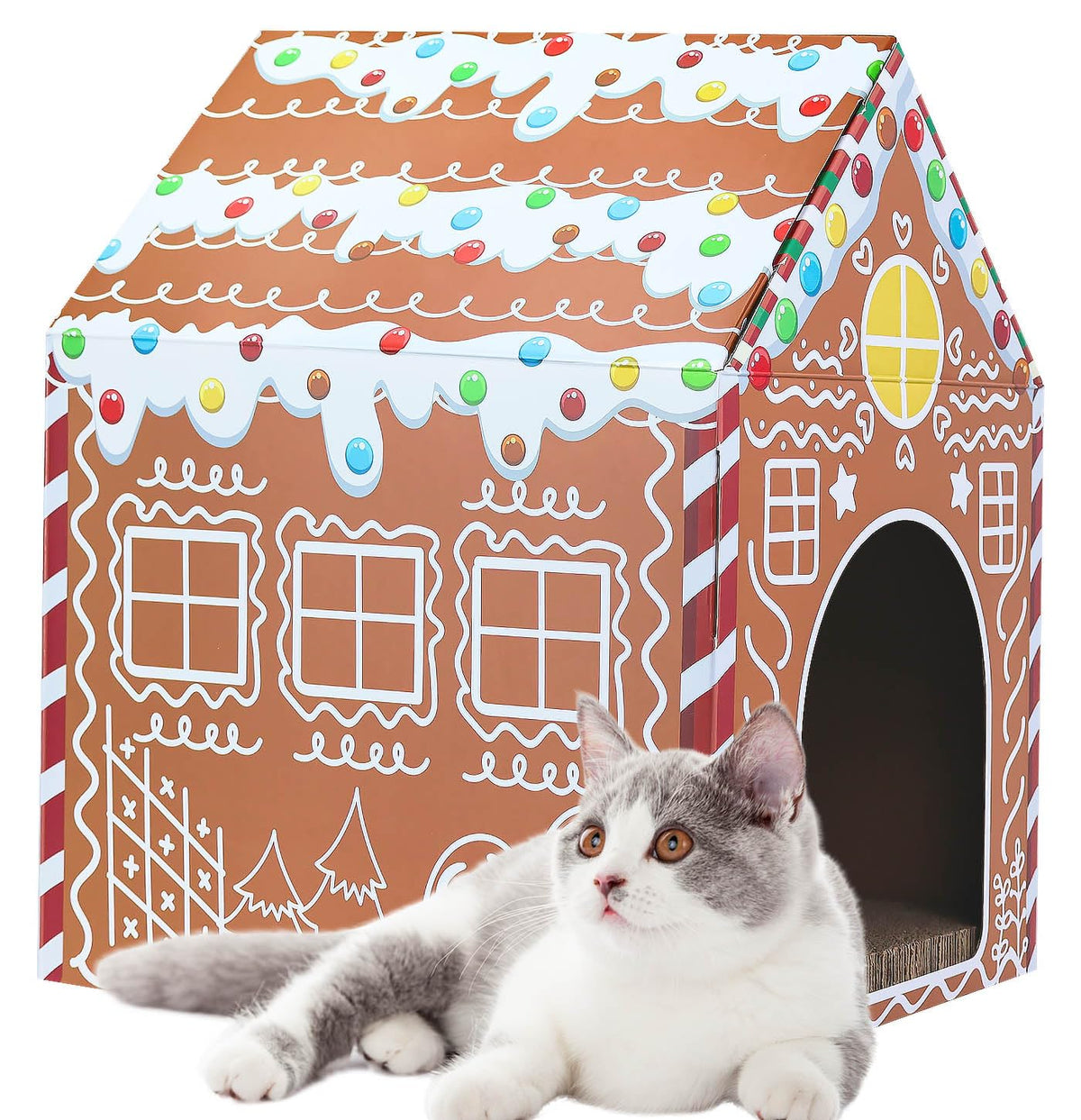 MUNILAIL Christmas Gingerbread Cat House front view showcases a cozy, decorative play space for indoor cats