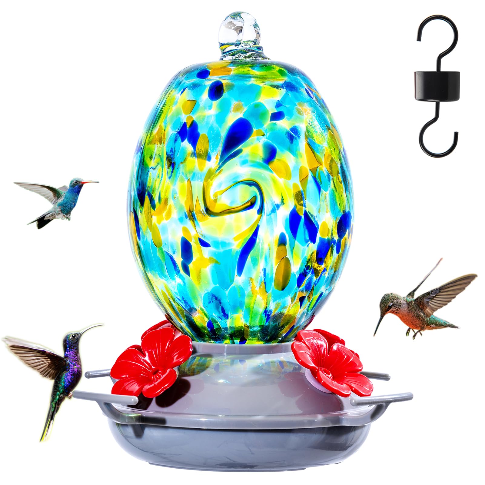 Muse Garden starry night glass hummingbird feeder showcases artisan craftsmanship for outdoor display.