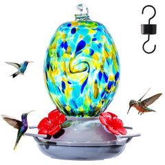 Muse Garden starry night glass hummingbird feeder showcases artisan craftsmanship for outdoor display.
