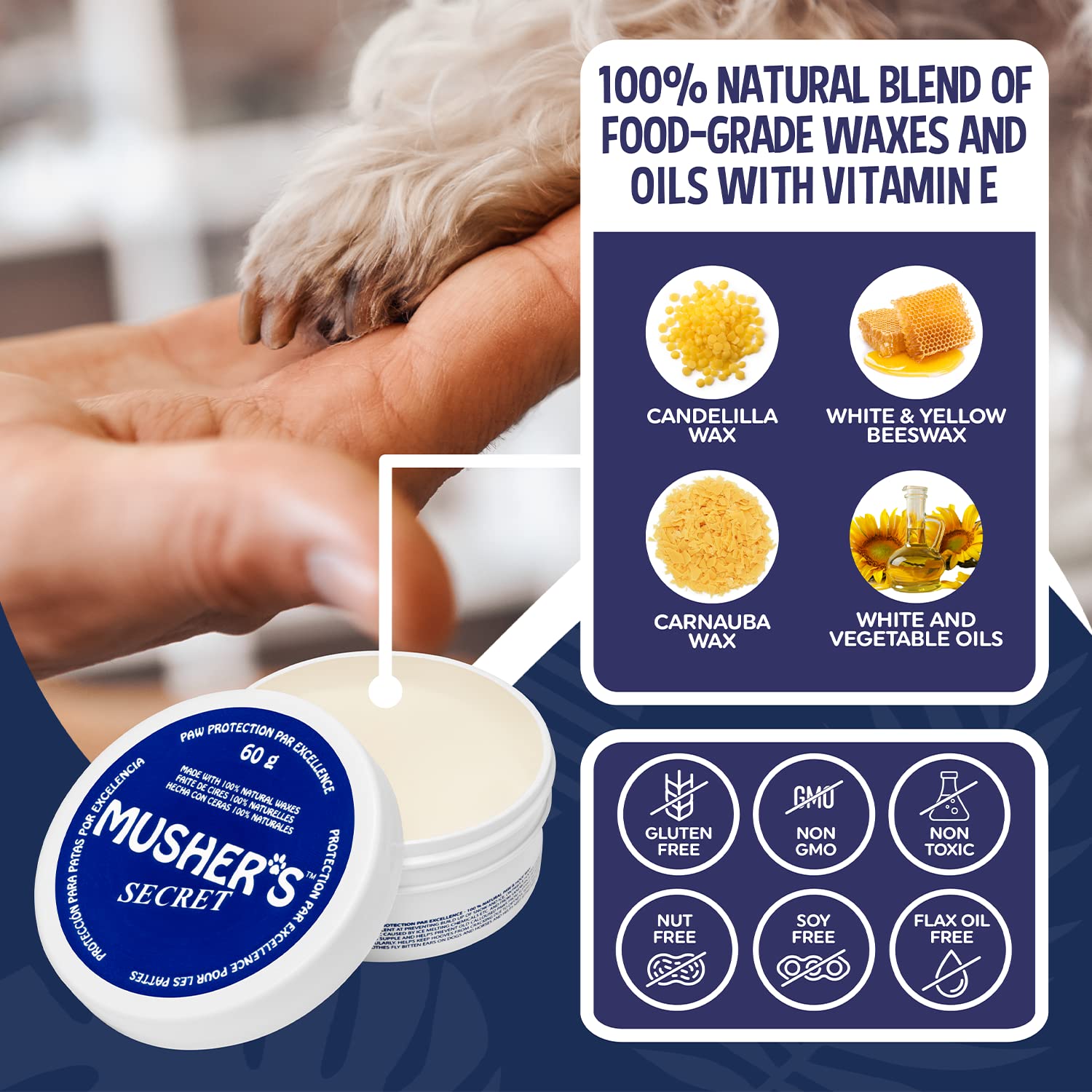 Musher's Secret dog paw wax 60g tub closeup highlights soothing moisture and healing.