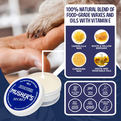 Musher's Secret dog paw wax 60g tub closeup highlights soothing moisture and healing.