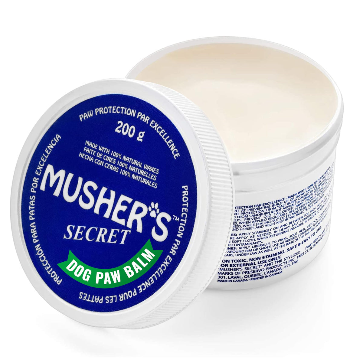 Musher's Secret paw wax 200g tub protects paws from dryness and cracking.