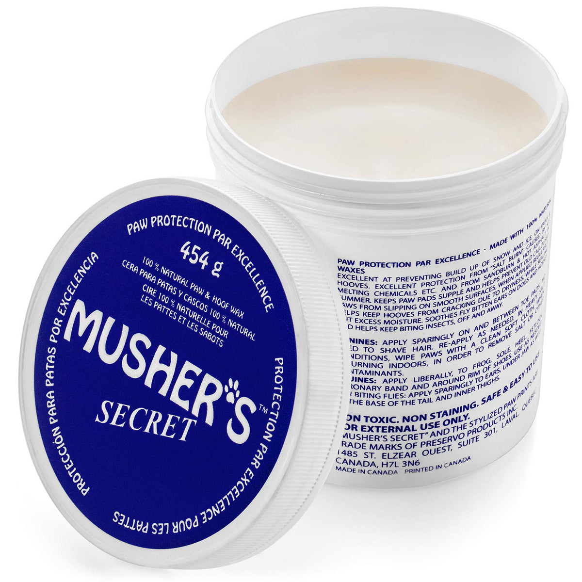 Musher's Secret paw wax jar provides an all-natural barrier to protect paws in heat and cold.