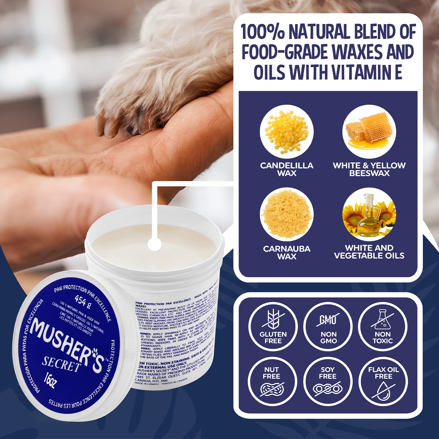 Musher's Secret paw wax application swipe shows easy, even coverage for paw care.