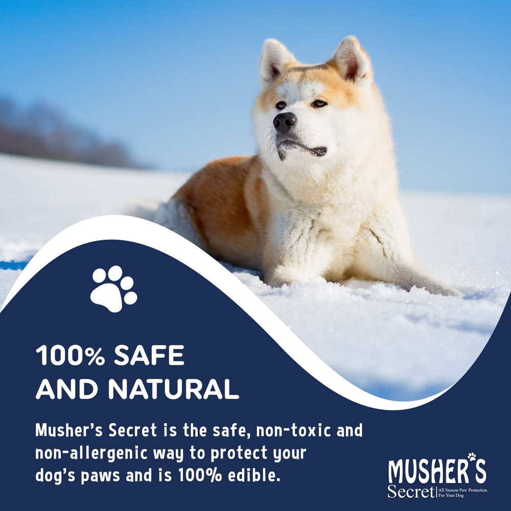 Musher's Secret paw wax Canada-made label reinforces heritage and sled-dog origins.