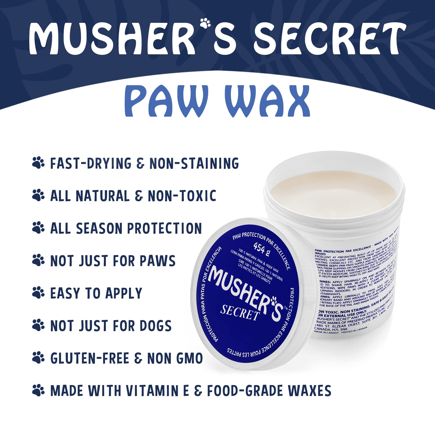 Musher's Secret paw wax drying-healing effect depicted on paw close-up.