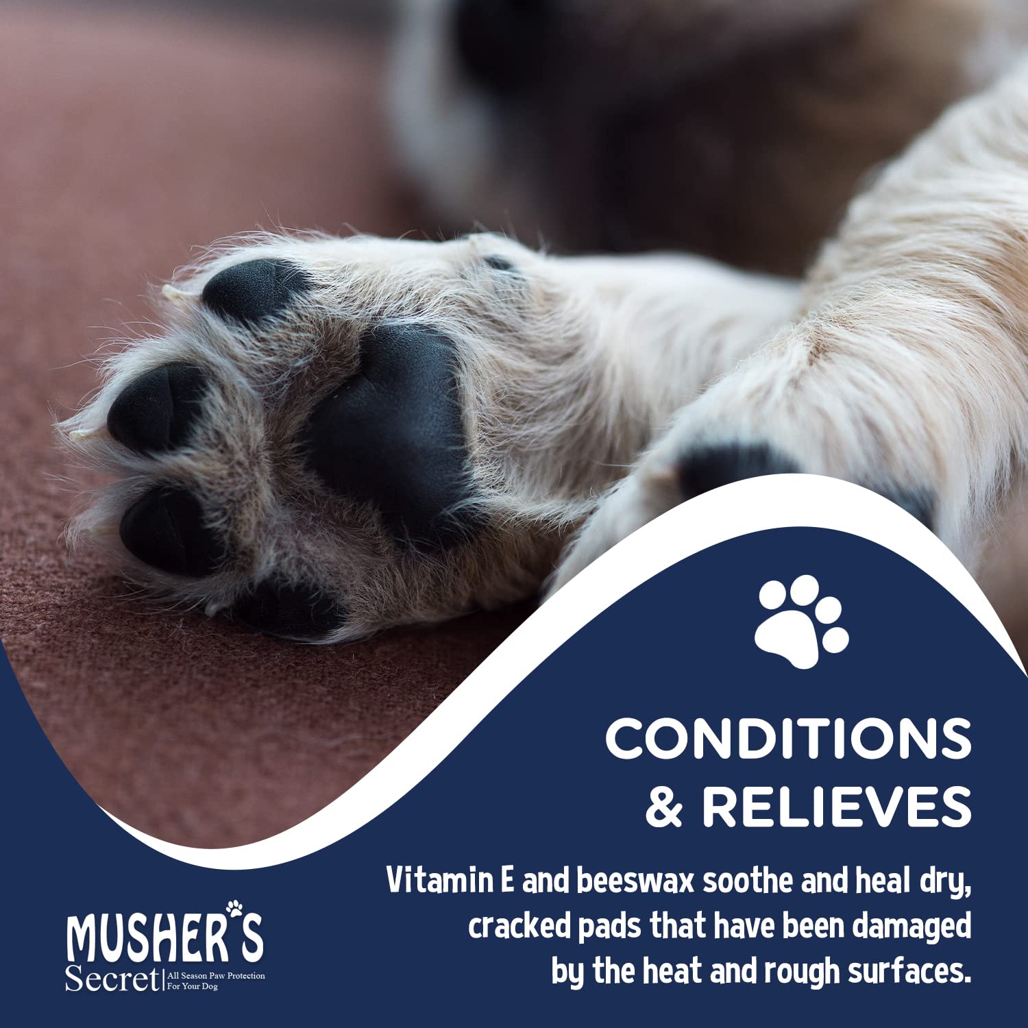 Musher's Secret paw wax lick-safe-claim image underscores safe use if pets lick paws.