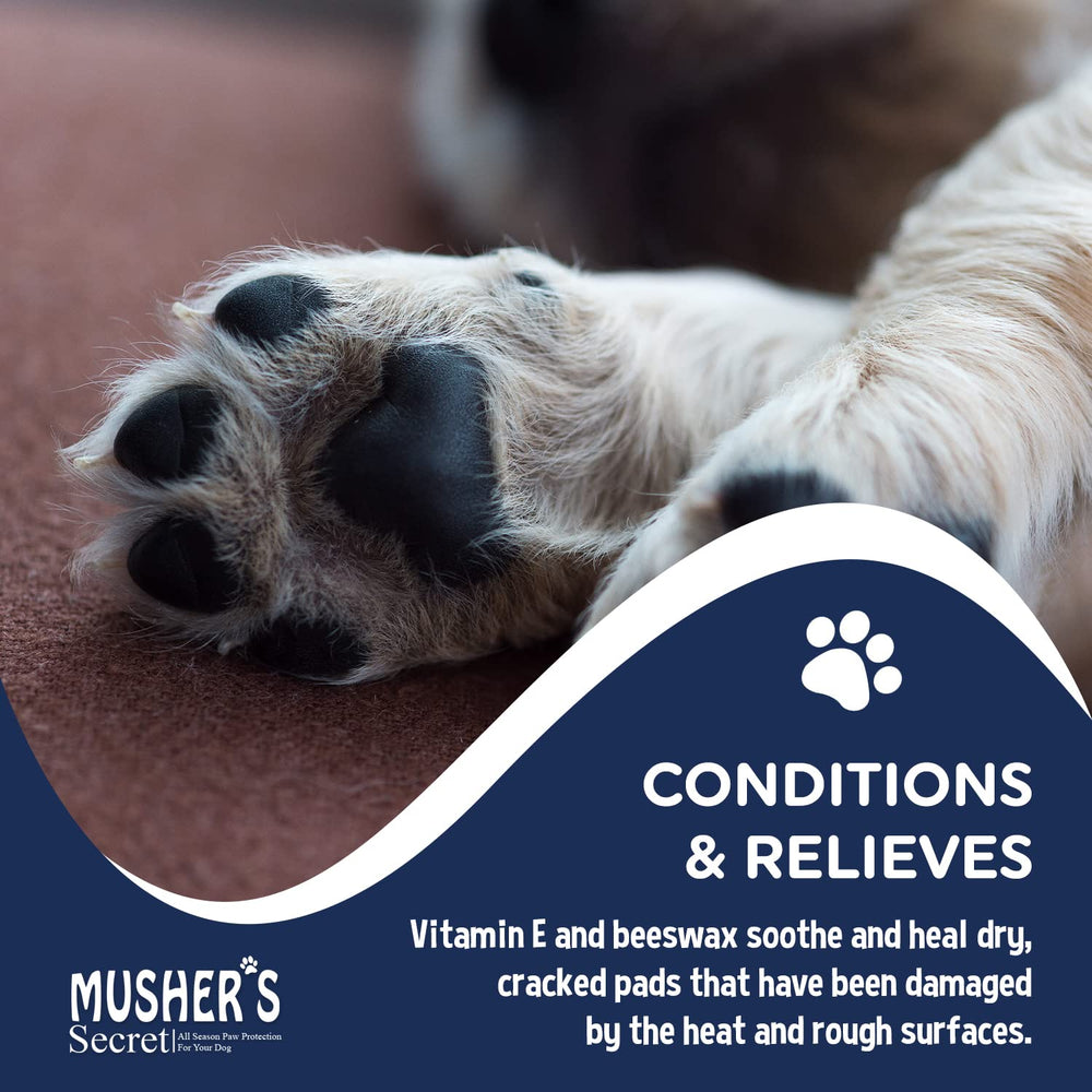 Musher's Secret paw wax lick-safe-claim image underscores safe use if pets lick paws.