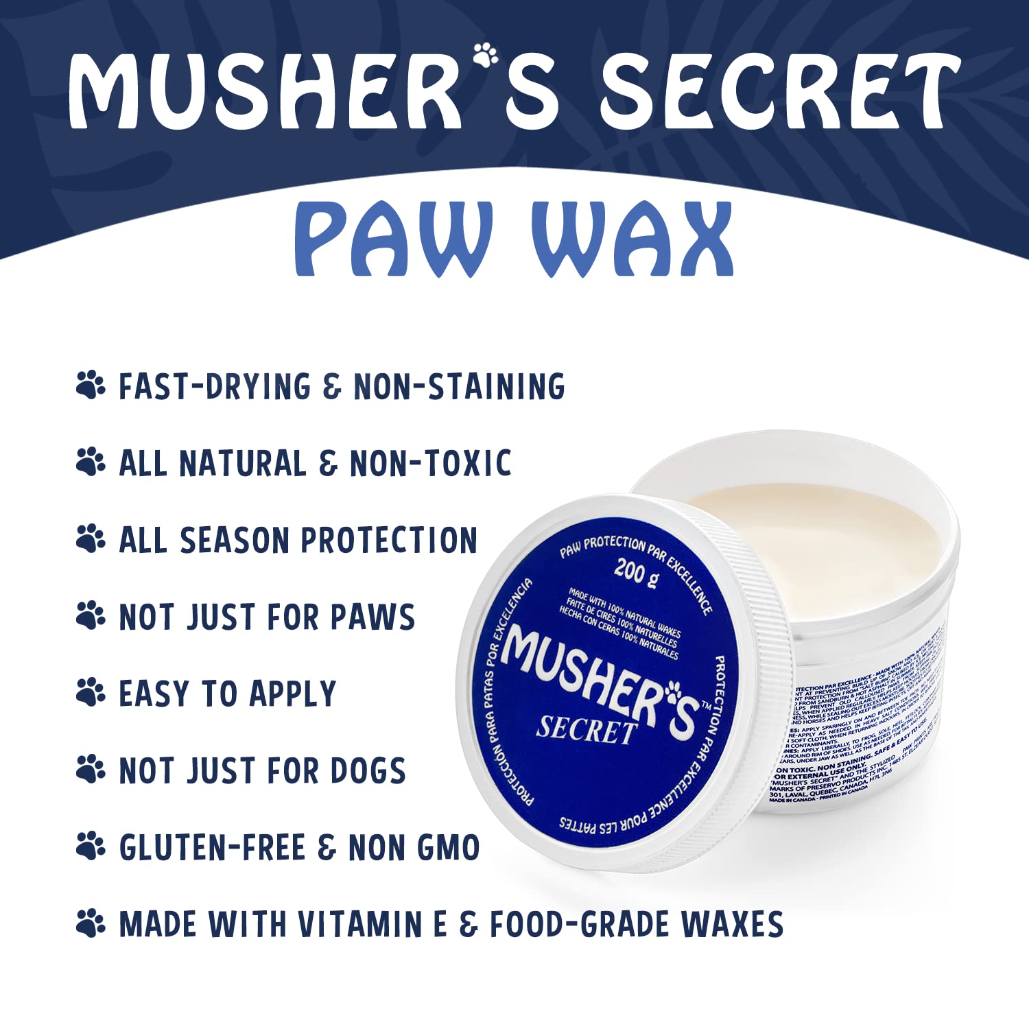 Winter scene showing a dog paw protected by Musher's Secret.