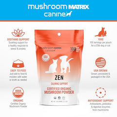 Mushroom Matrix Zen organic label highlights pure, whole-food mushroom powder.