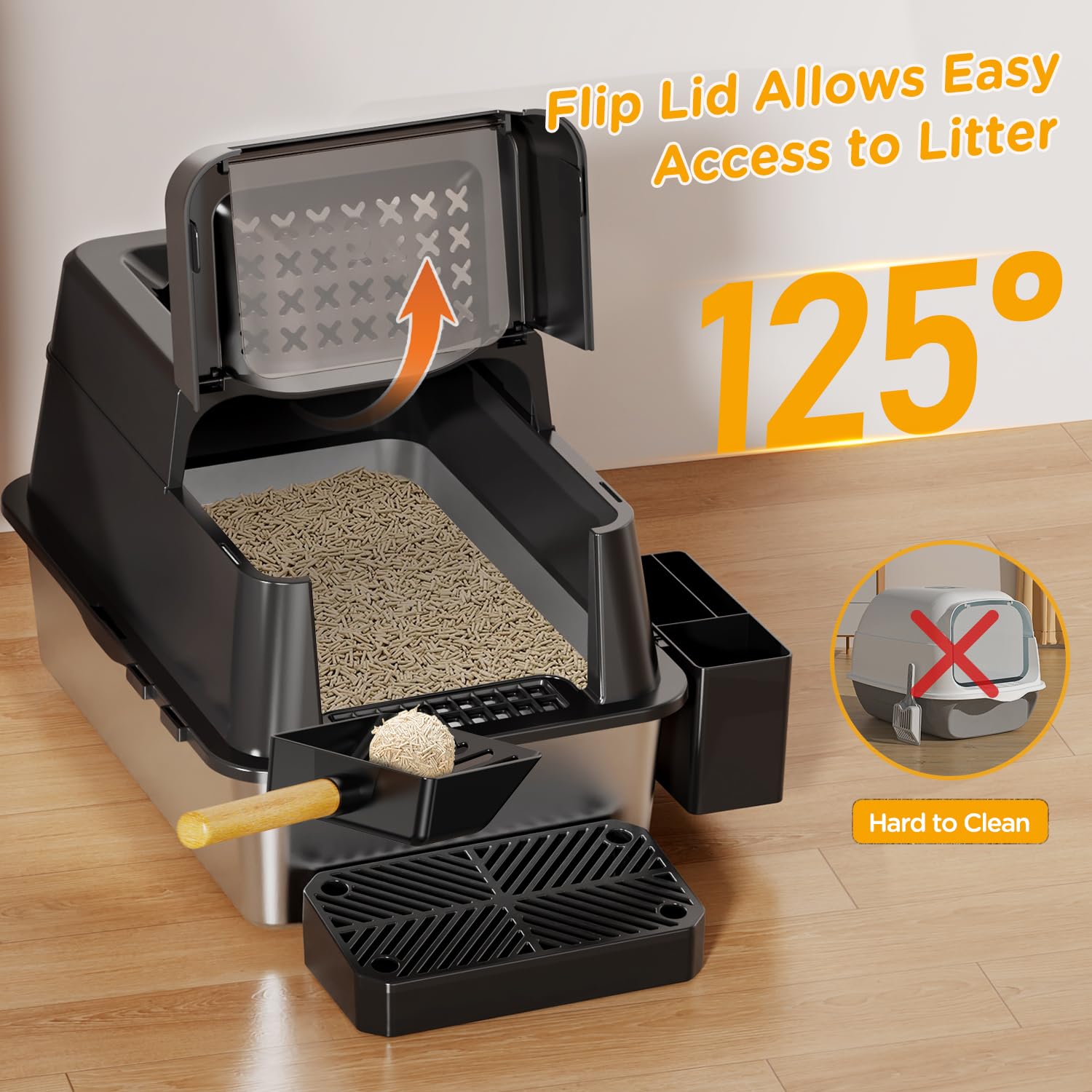 Mutrelenx litter-box flip-top lid scoop highlights quick, mess-free waste removal