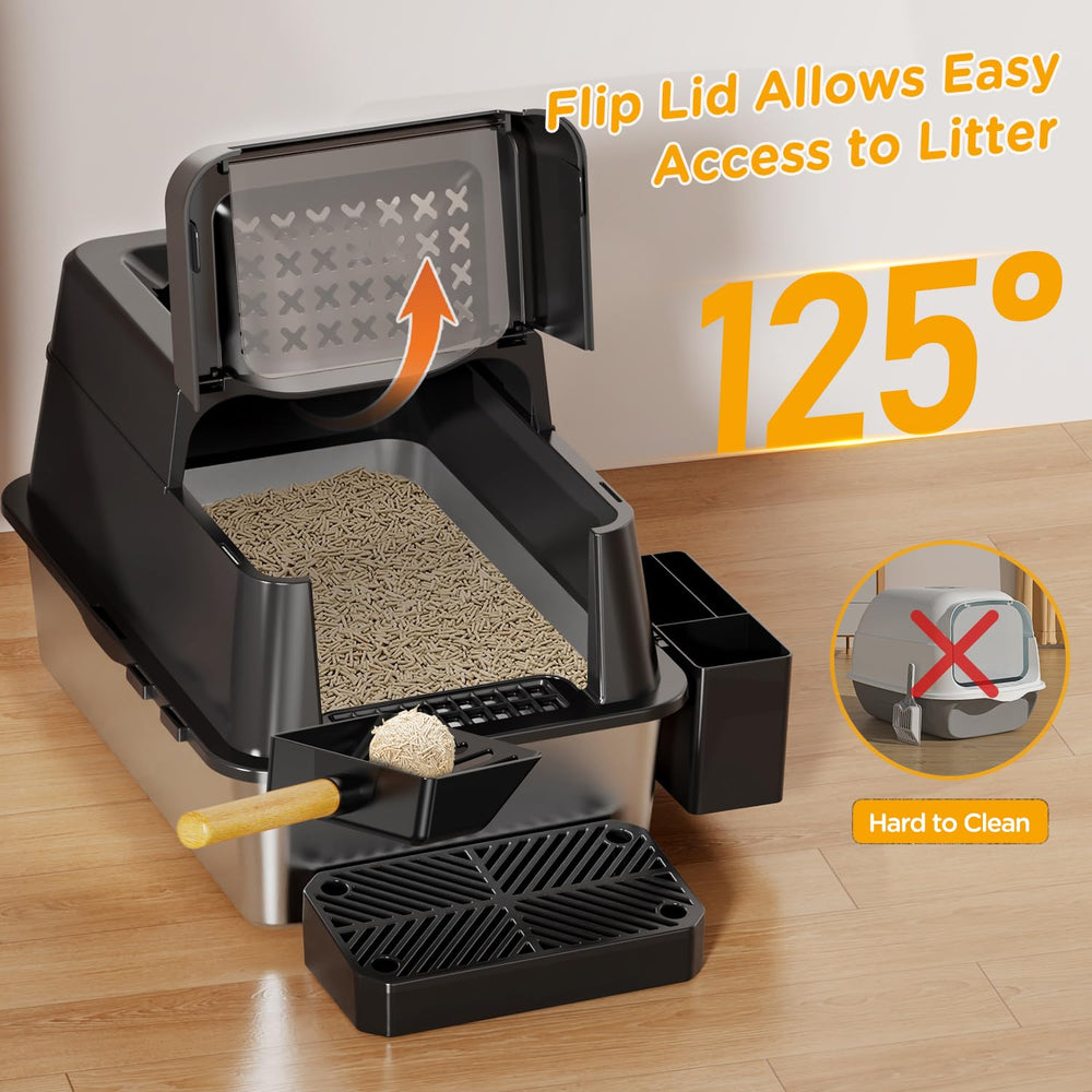 Mutrelenx litter-box flip-top lid scoop highlights quick, mess-free waste removal