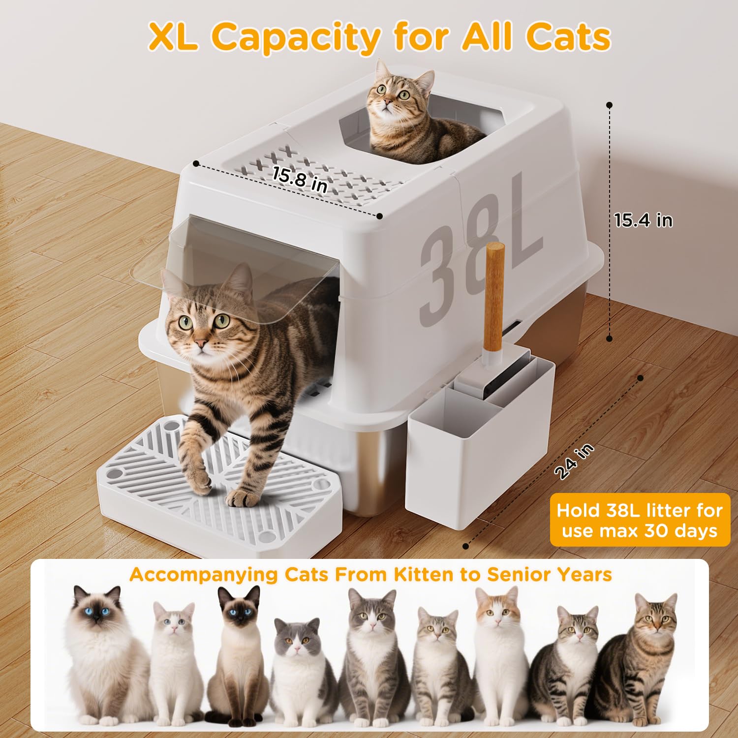 Mutrelenx stainless steel litter box close up emphasizes rust resistant surface for easy cleaning.