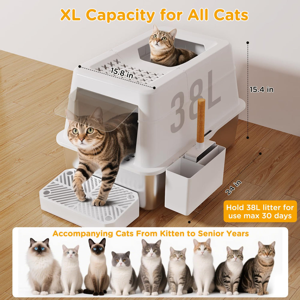 Mutrelenx stainless steel litter box close up emphasizes rust resistant surface for easy cleaning.