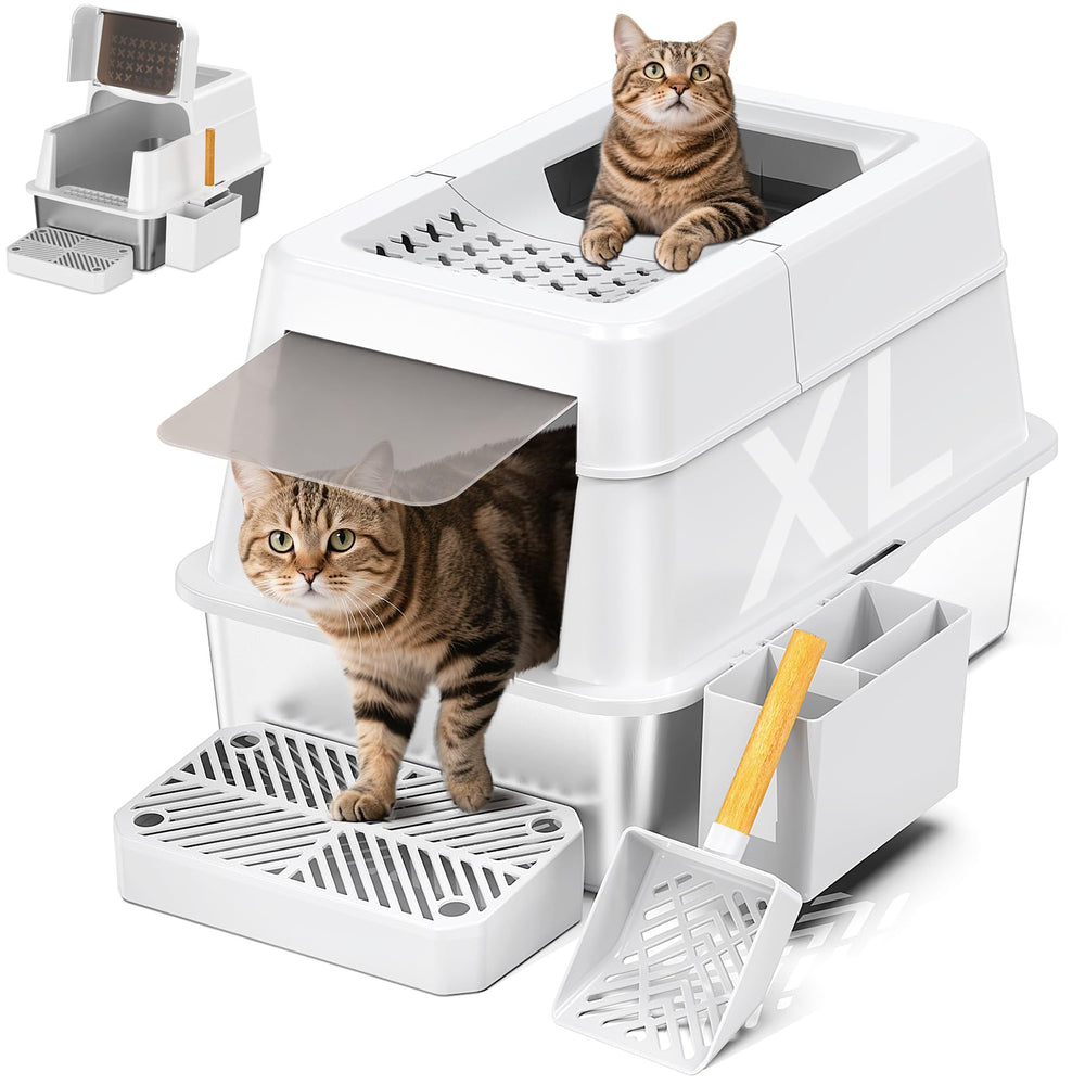 Mutrelenx stainless steel litter box lid top shows easy scoop design and spill containment.