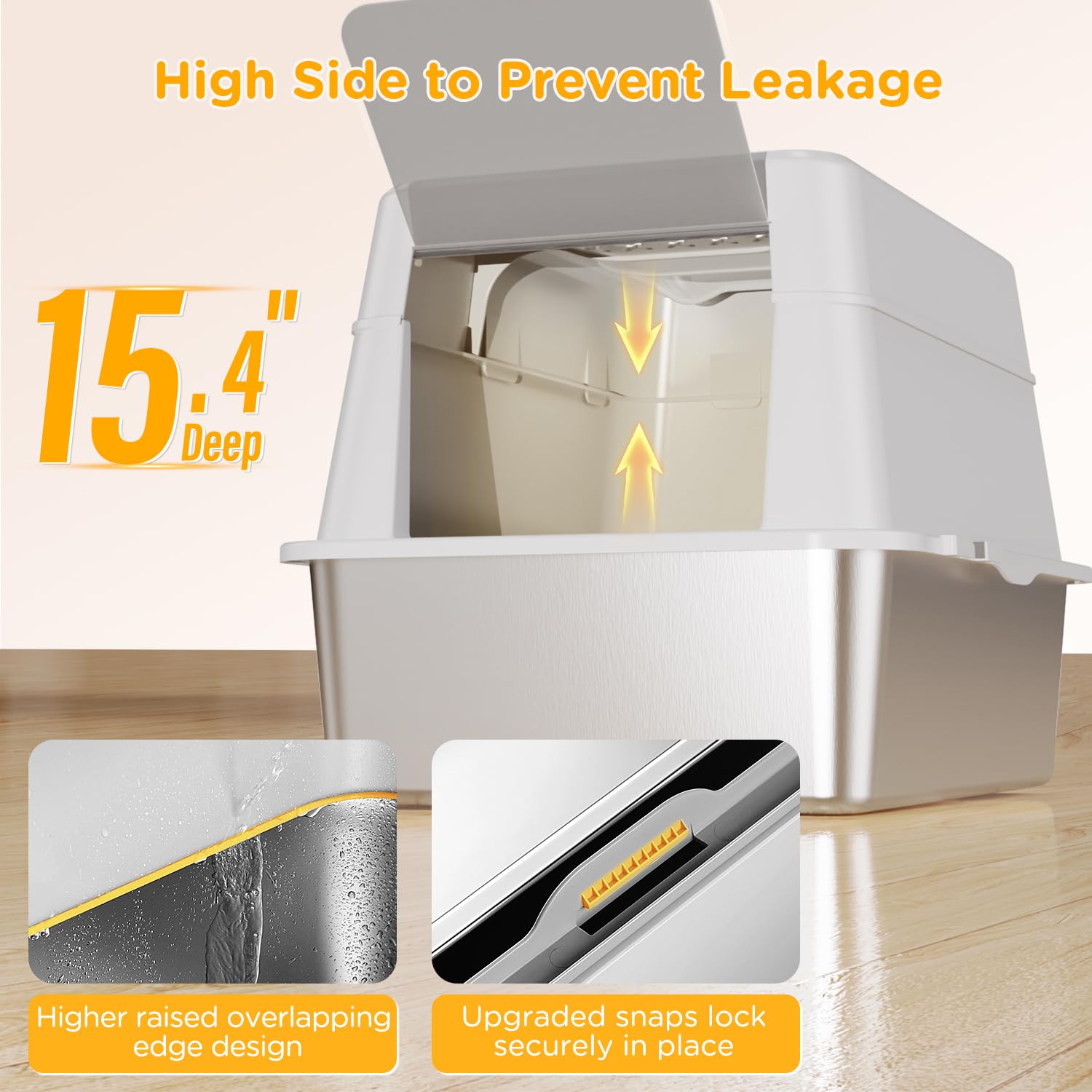 Mutrelenx stainless steel litter box side view demonstrates high sides reduce litter scatter.