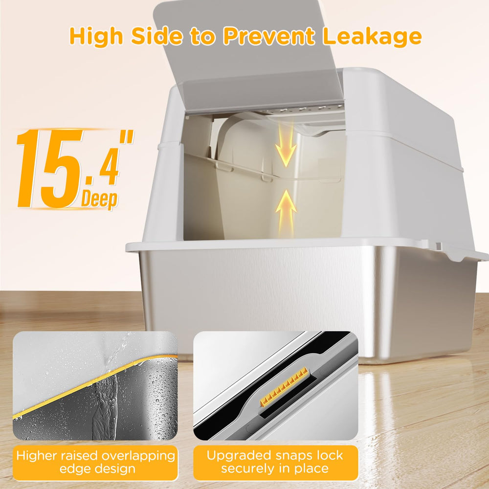 Mutrelenx stainless steel litter box side view demonstrates high sides reduce litter scatter.