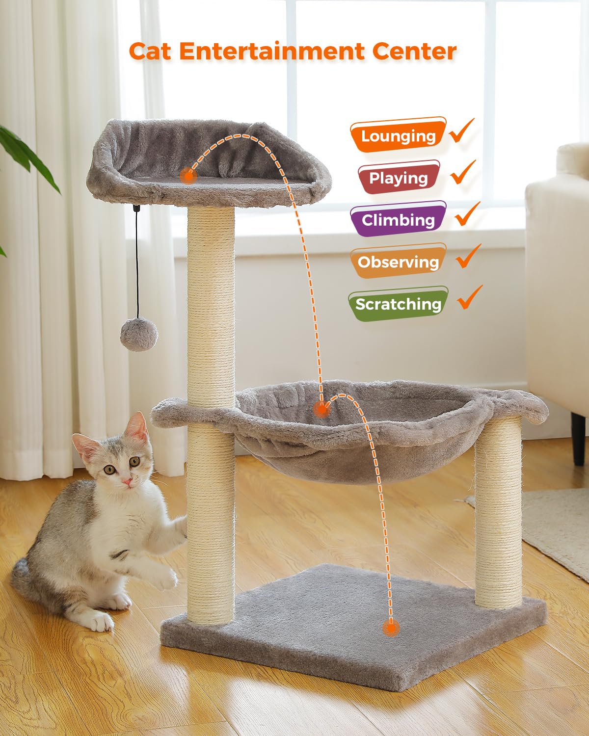 MUTTROS cat tree 28-inch grey-fabric cover adds soft texture and kid-friendly comfort.