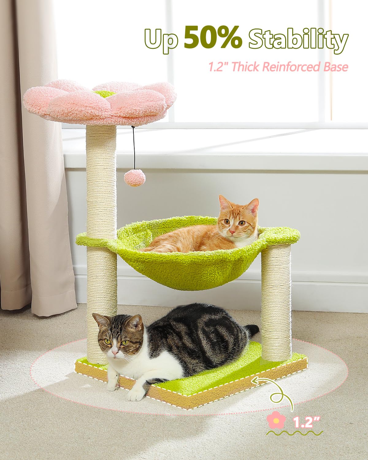 MUTTROS Flower Cat Tree fur toy ball encourages play.