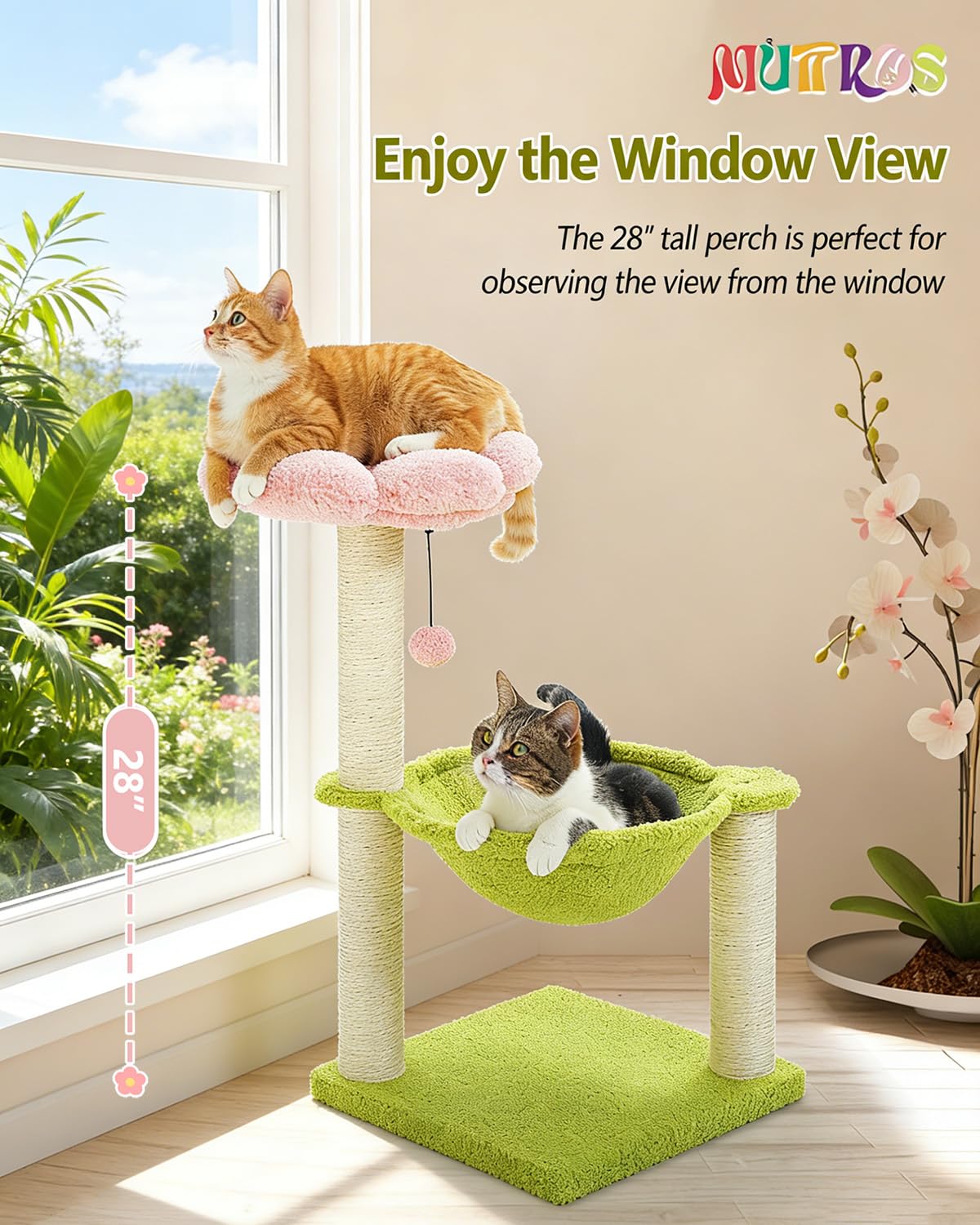 MUTTROS Flower Cat Tree large hammock offers spacious lounging.