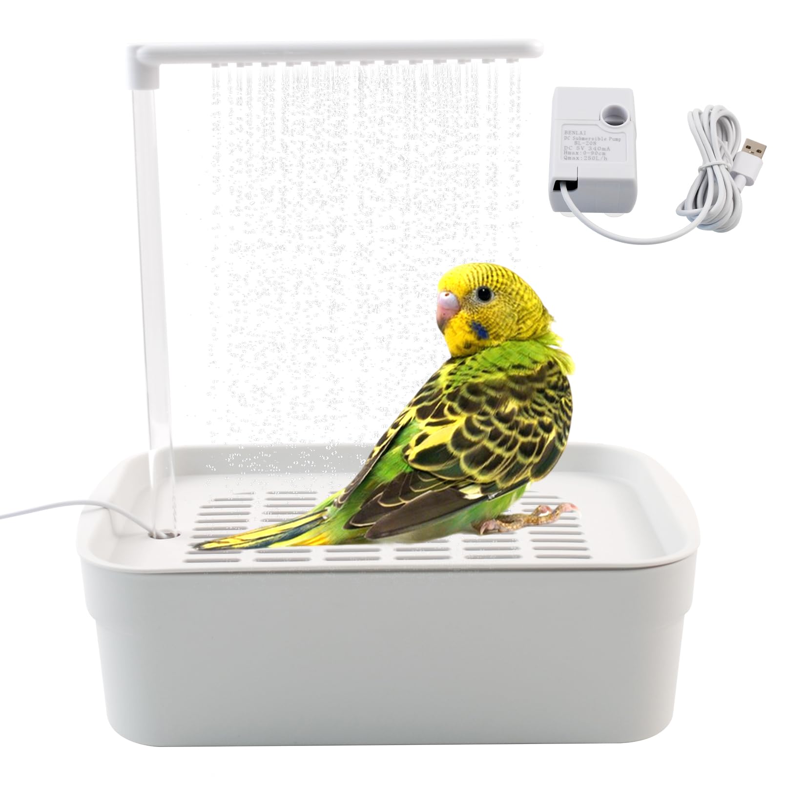 MUYG automatic-bird-shower-pump in action, circulating water for cage bathing.