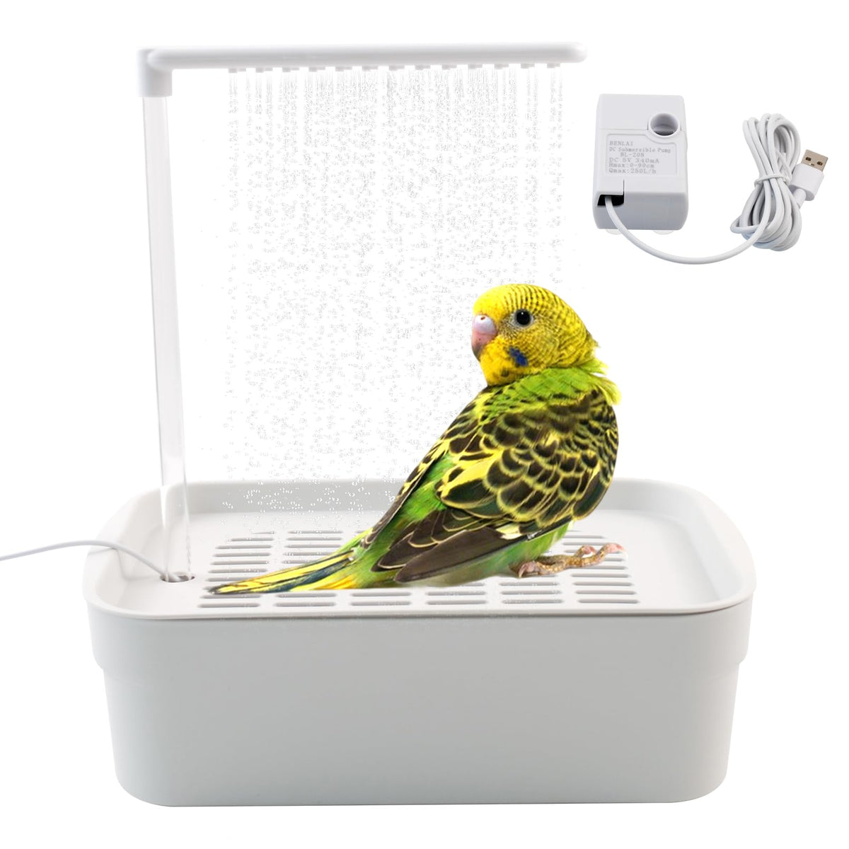 MUYG automatic-bird-shower-pump in action, circulating water for cage bathing.