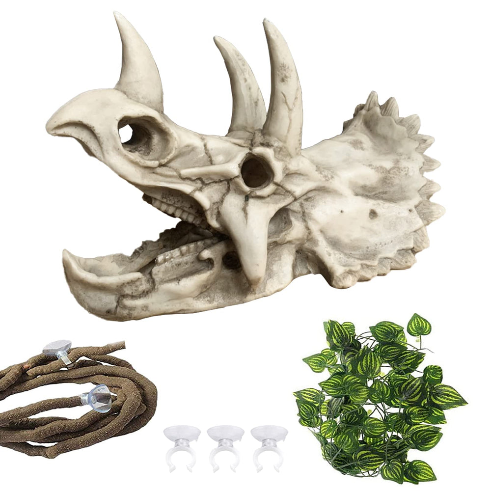 MUYG bearded dragon resin triceratops skull hide decor provides secure reptile shelter