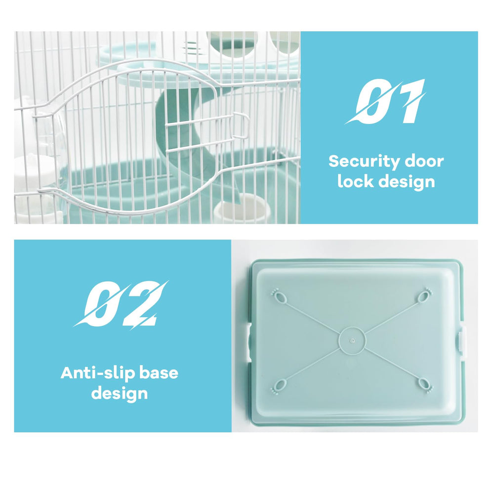 MUYG cage includes water bottle, house, and wheel for immediate setup