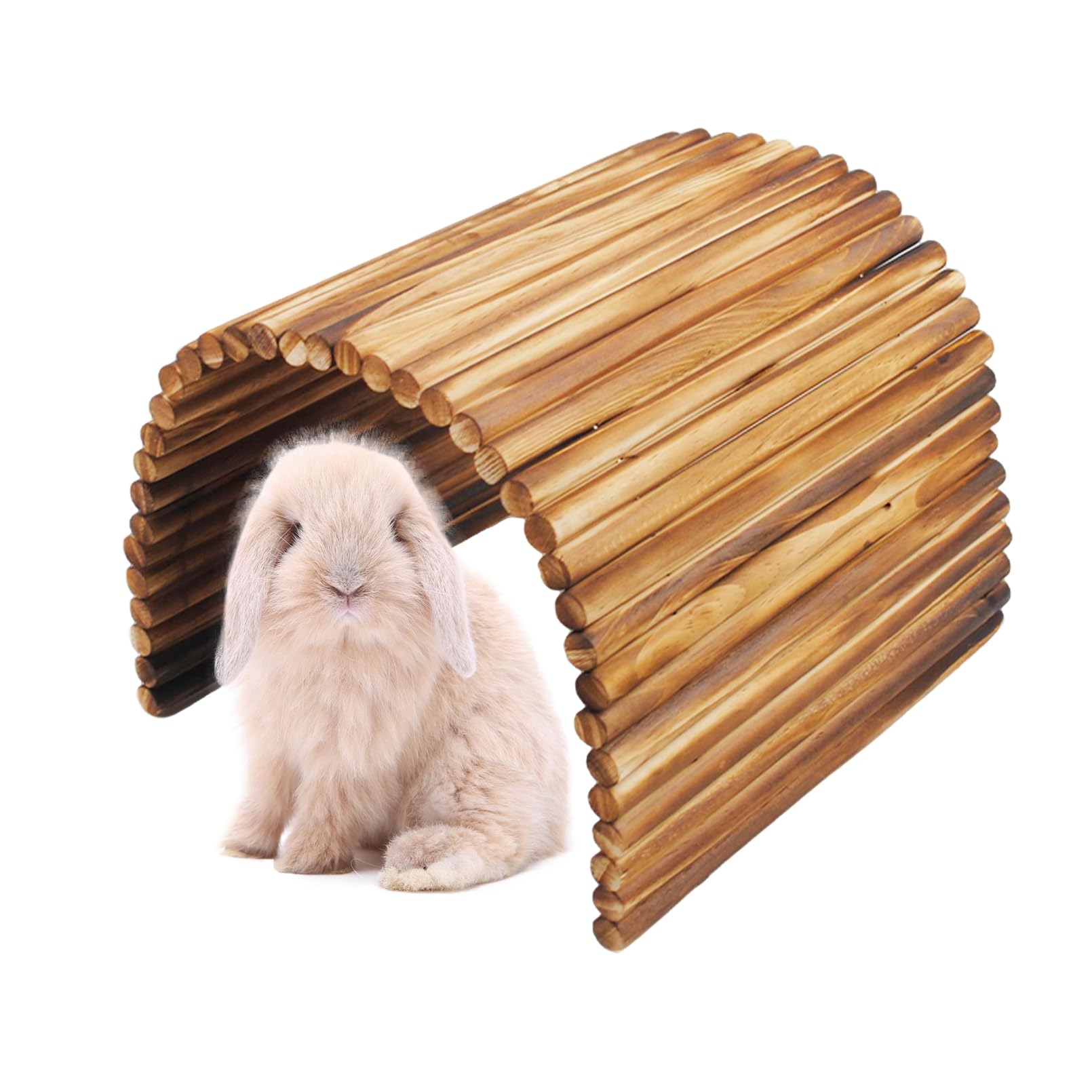 MUYG large bunny wooden hideout bridge assembled in a cage for exploration and chewing.