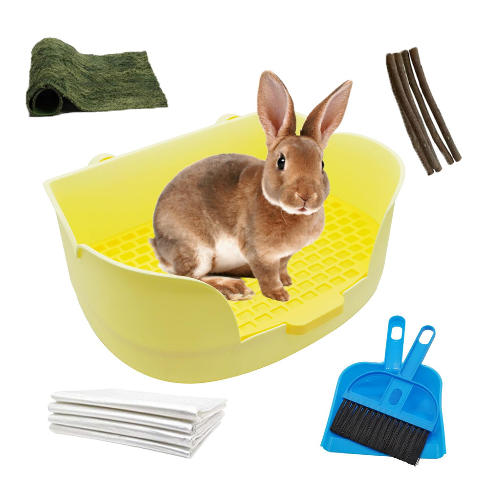 MUYG rabbit litter box yellow front view demonstrates sturdy design for quick cage setup