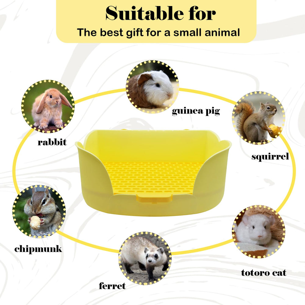 MUYG rabbit litter box yellow package contents include liners, brush, carpet and chews