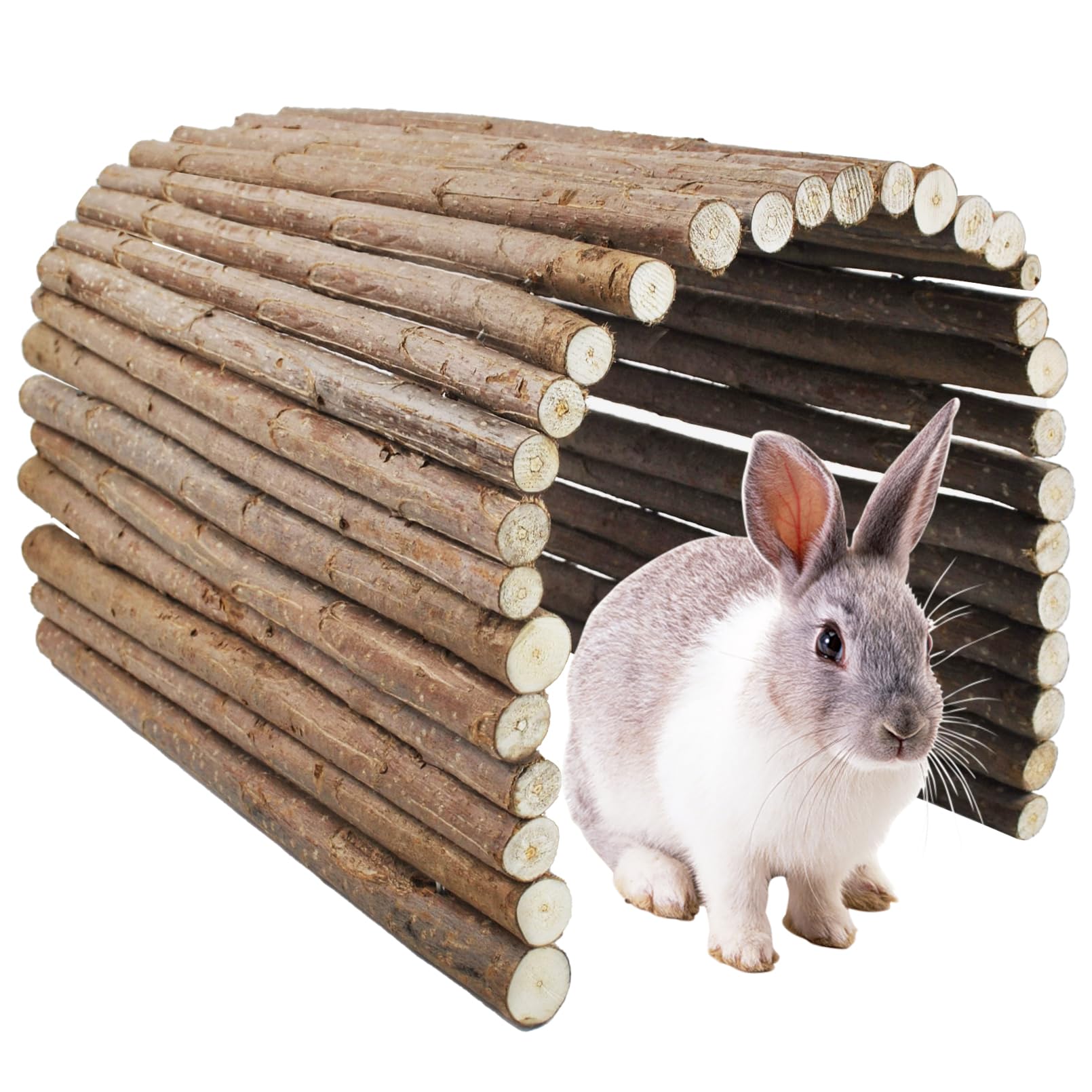 MUYG wooden bridge for rabbits wide shot showing enrichment in a large habitat.
