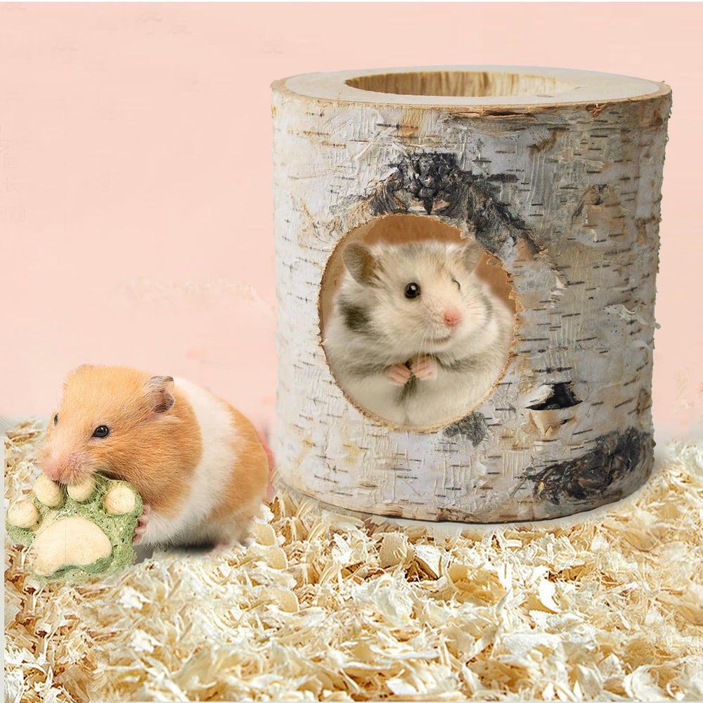 MUUG wooden hamster tunnel rough texture action emphasizes gnawing instinct satisfaction.
