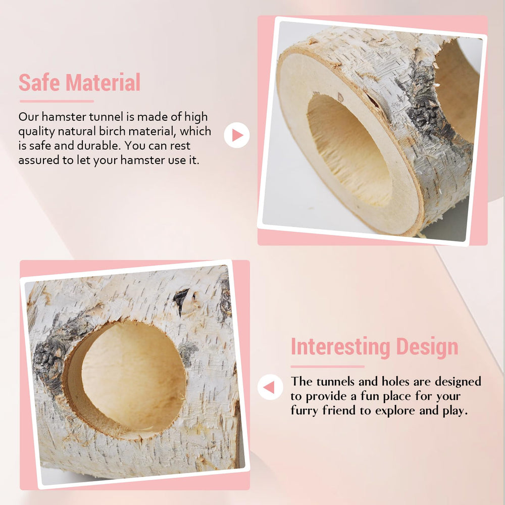 MUUG wooden hamster tunnel side hole closeup reveals textured chew-friendly surface.