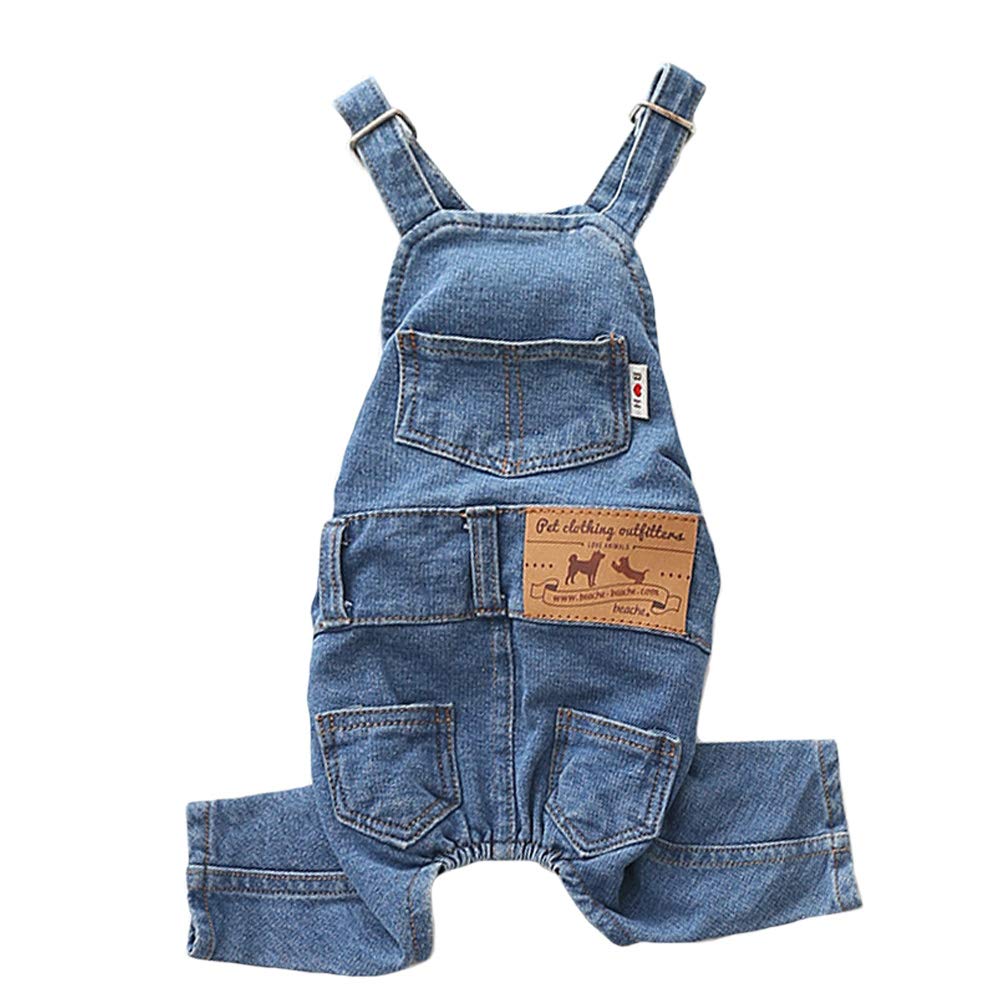 MuYaoPet dog denim overall front view, timeless blue for party or show occasions.