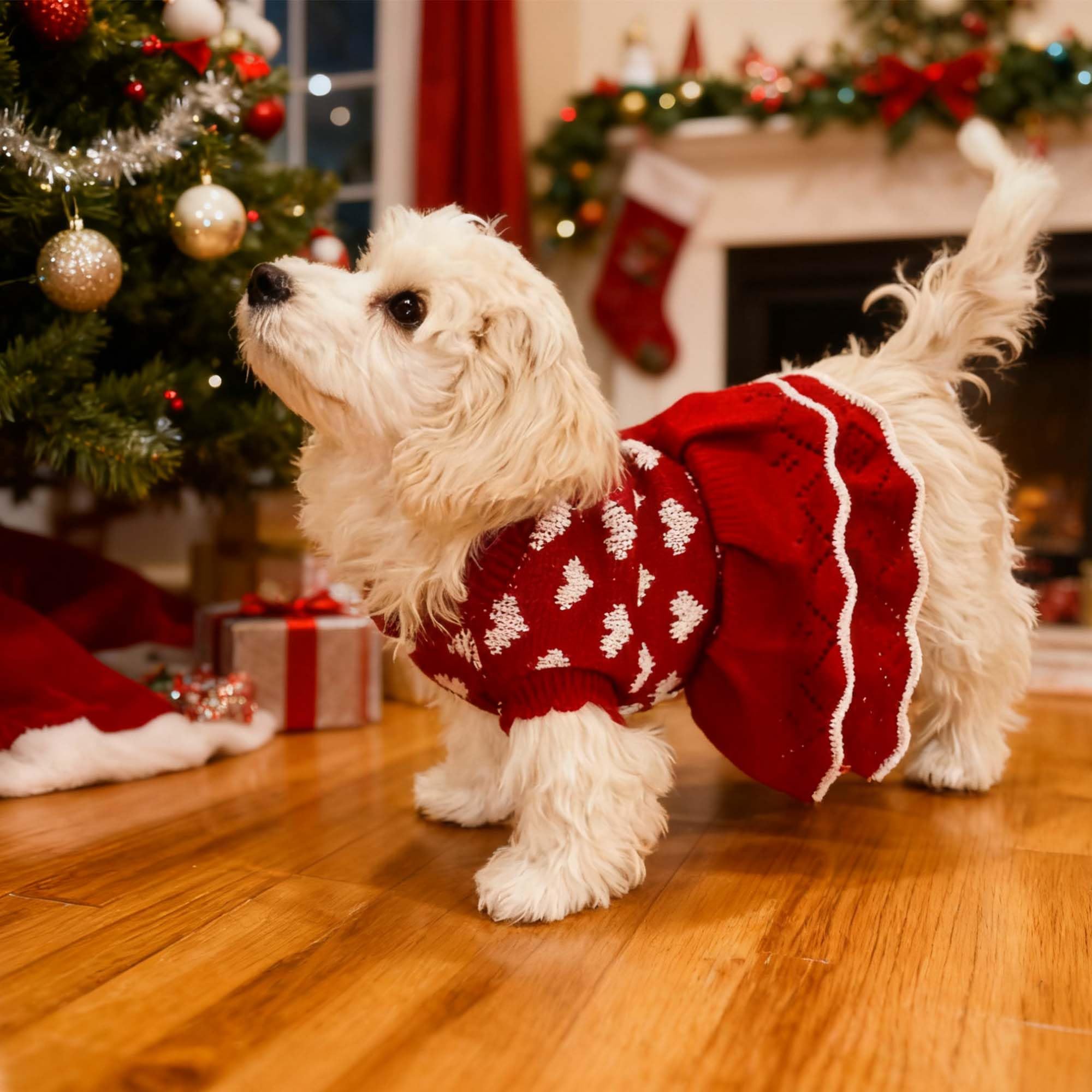 MuYaoPet red dog sweater back view with festive heart pattern for holiday photos