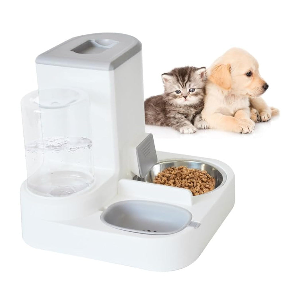 MUYG automatic cat feeder gray with 2-in-1 gravity design for feeding and hydration.