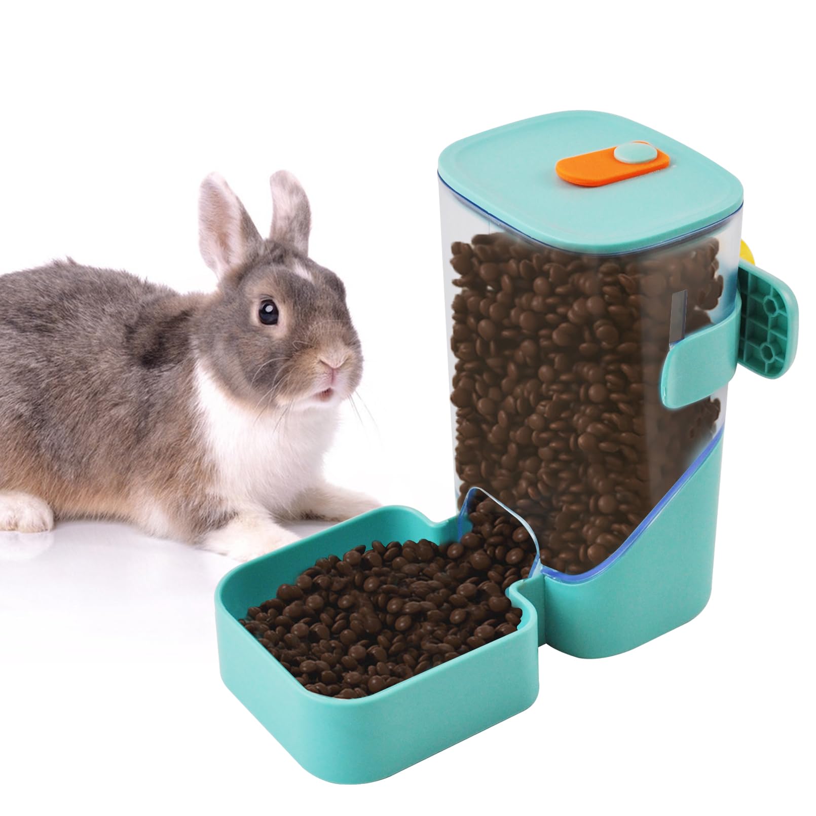 MUYG automatic rabbit feeder green side view emphasizing safe food-grade construction for pets